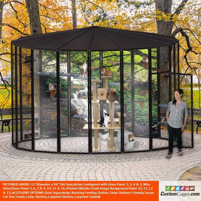 12 ft Diameter 96" Tall Suncatcher for Cats and Small Animals with Optional Glass Panels, Printed Backgrounds, Cat Tree, and Cat Shelves