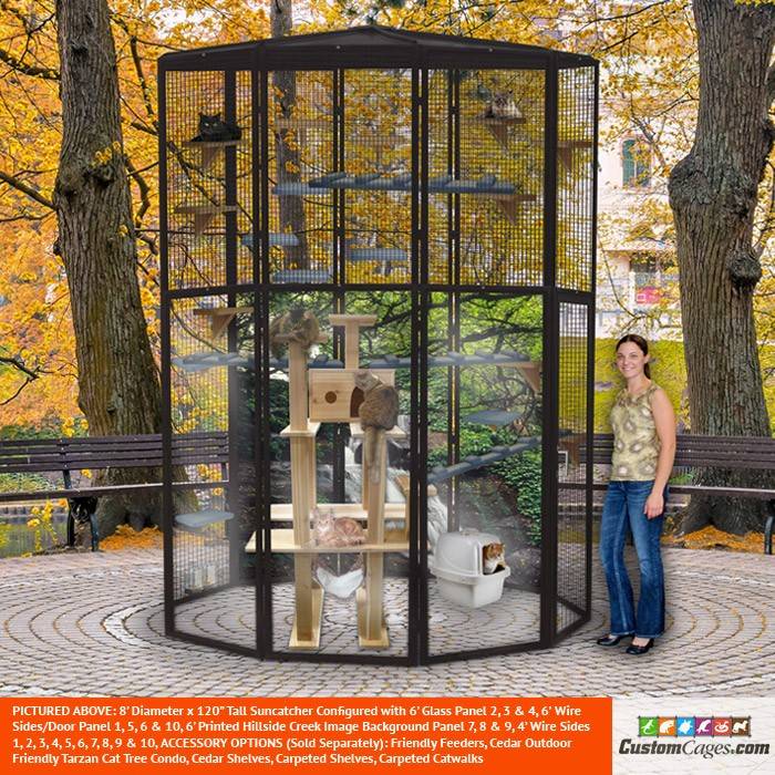 8 ft Diameter 120" tall Suncatcher for Cats and Small Animals with Optional Cat Tree and Cat Walks, Cat Shelves, and Printed Backgrounds