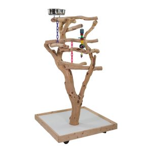 deluxe play area bird perch with hanging toys and bowls attached