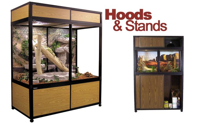 Reptile enclosure hoods and stands